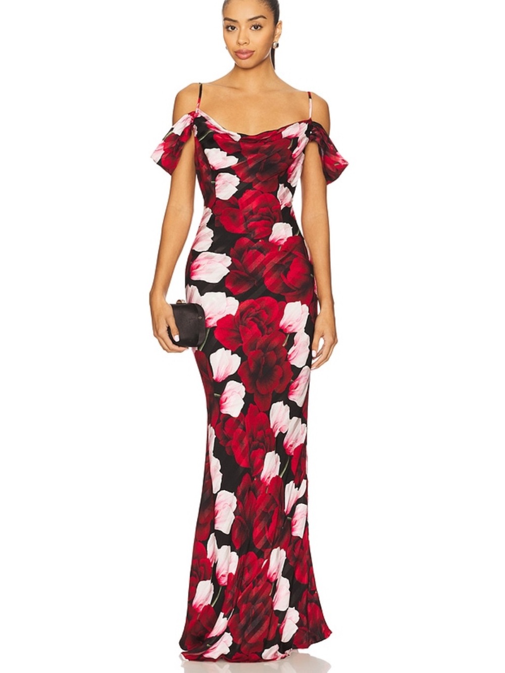 Off-Shoulder Floral Maxi Dress in Red & Pink